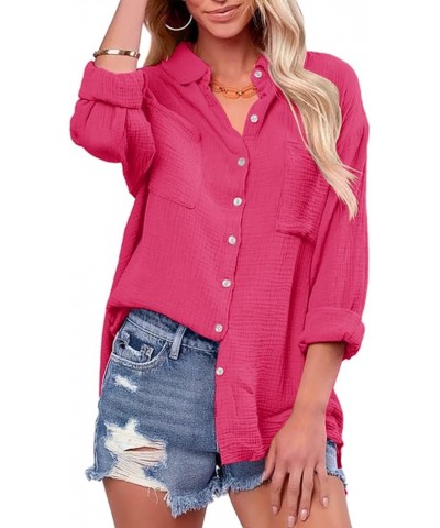 Women Button Down Shirts V Neck Blouse Long Roll Up Cuffed Sleeve Pocket Casual Boyfriend Cotton Tops Rose Red $22.22 Blouses