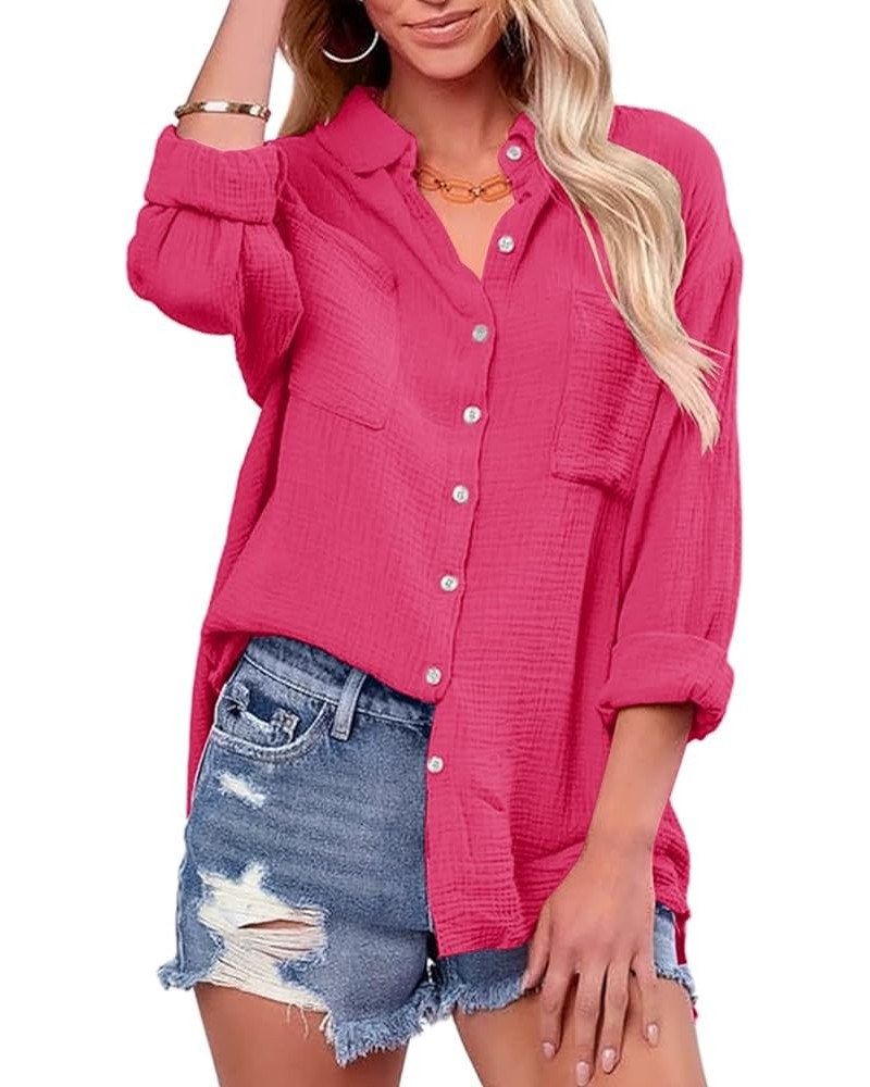 Women Button Down Shirts V Neck Blouse Long Roll Up Cuffed Sleeve Pocket Casual Boyfriend Cotton Tops Rose Red $22.22 Blouses