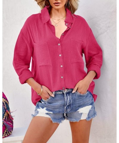 Women Button Down Shirts V Neck Blouse Long Roll Up Cuffed Sleeve Pocket Casual Boyfriend Cotton Tops Rose Red $22.22 Blouses