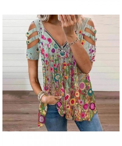 Cold Shoulder Tops for Women Casual Short Sleeve Strapless Tunic Tops Daily Tee Zipper V-Neck Blouses T-Shirt Green $8.50 Tops