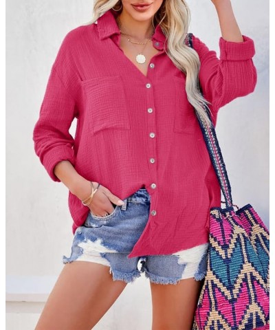 Women Button Down Shirts V Neck Blouse Long Roll Up Cuffed Sleeve Pocket Casual Boyfriend Cotton Tops Rose Red $22.22 Blouses