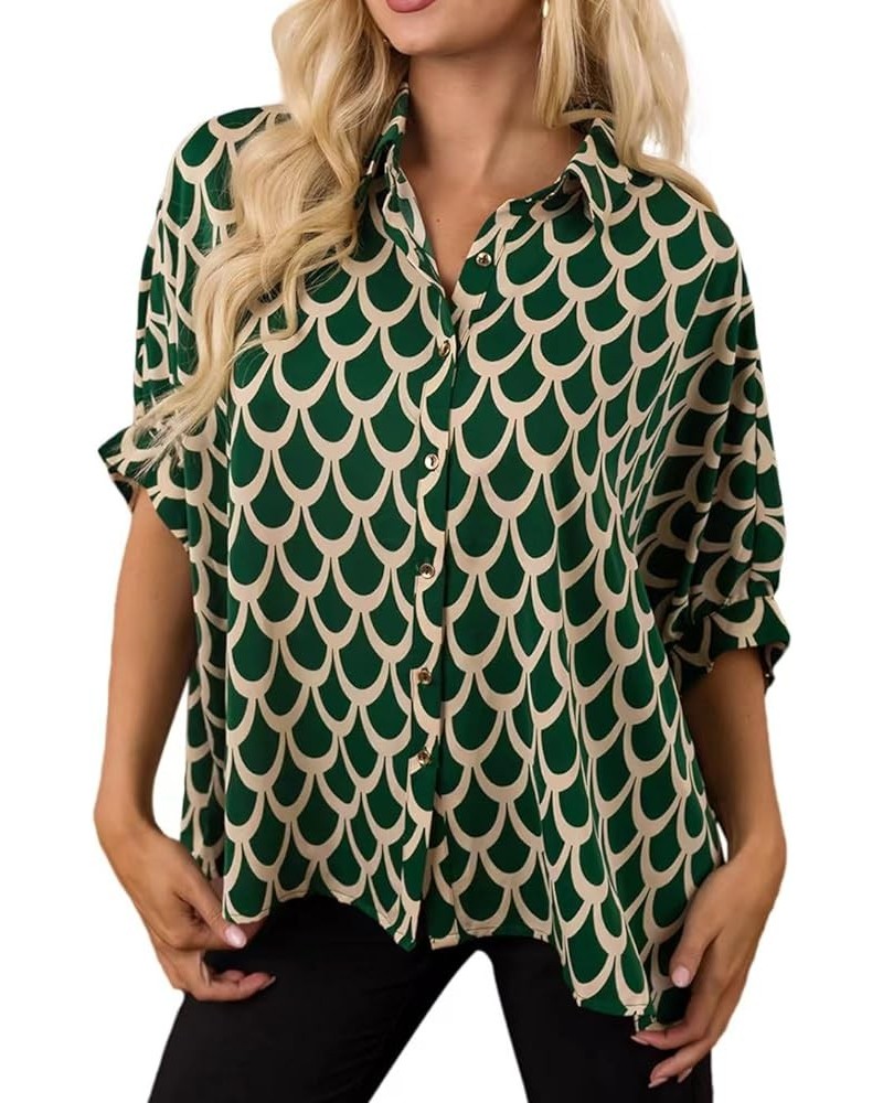 Womens Fashion Casual Boho Floral Print Lapel V Neck Printed Long Sleeve T Shirt Blouses Hunter Green $15.89 Blouses