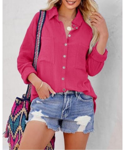 Women Button Down Shirts V Neck Blouse Long Roll Up Cuffed Sleeve Pocket Casual Boyfriend Cotton Tops Rose Red $22.22 Blouses