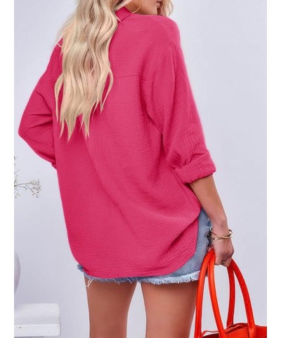 Women Button Down Shirts V Neck Blouse Long Roll Up Cuffed Sleeve Pocket Casual Boyfriend Cotton Tops Rose Red $22.22 Blouses