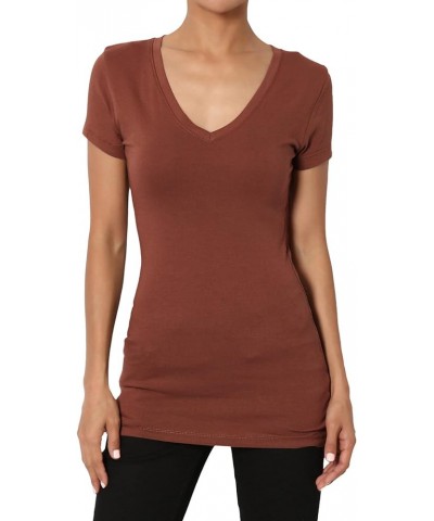 Women's Basic V Neck Short Sleeve T-Shirts Plain Stretch Cotton Spandex Top Tee Dark Rust $9.00 T-Shirts