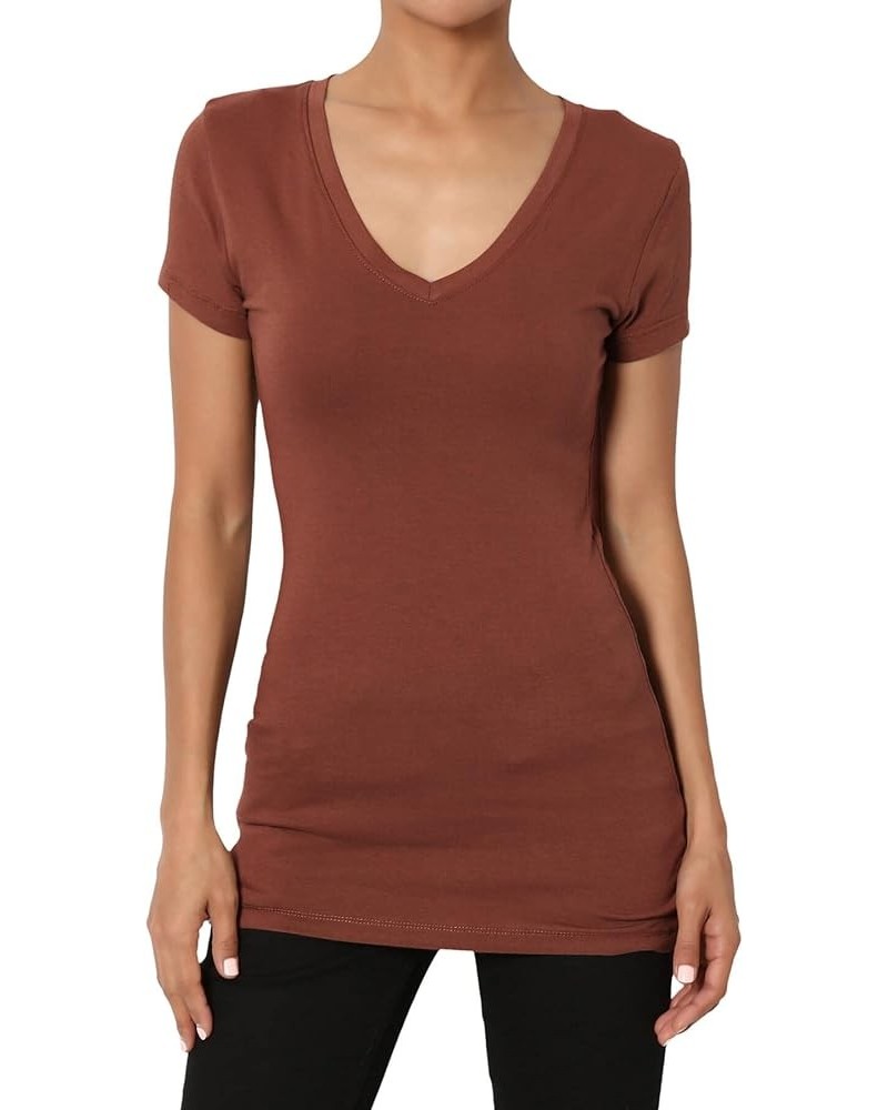 Women's Basic V Neck Short Sleeve T-Shirts Plain Stretch Cotton Spandex Top Tee Dark Rust $9.00 T-Shirts