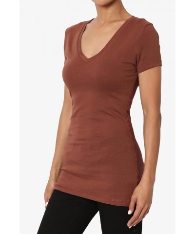 Women's Basic V Neck Short Sleeve T-Shirts Plain Stretch Cotton Spandex Top Tee Dark Rust $9.00 T-Shirts