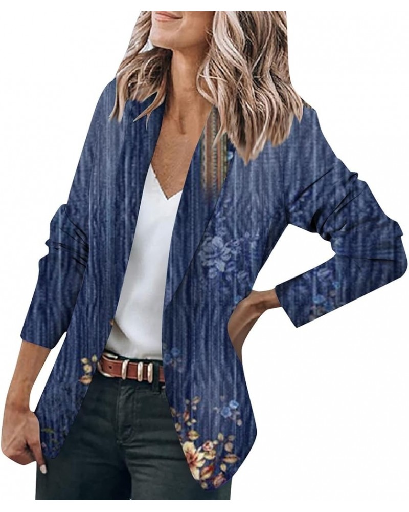 Womens Casual Blazers Printed Open Front Long Sleeve Work Office Jackets Blazer 02-dark Blue $18.72 Blazers