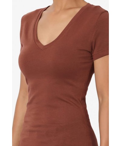 Women's Basic V Neck Short Sleeve T-Shirts Plain Stretch Cotton Spandex Top Tee Dark Rust $9.00 T-Shirts