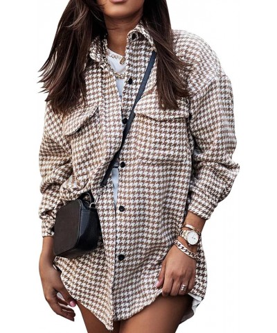 Plaid Jacket Women Casual Houndstooth Jacket Flannel Shacket Loose Long Sleeve Shirt Button Down Shacket With Pockets Khaki $...