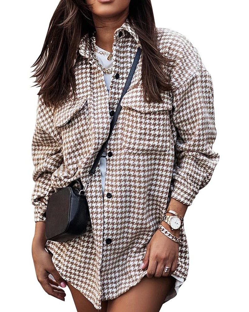 Plaid Jacket Women Casual Houndstooth Jacket Flannel Shacket Loose Long Sleeve Shirt Button Down Shacket With Pockets Khaki $...