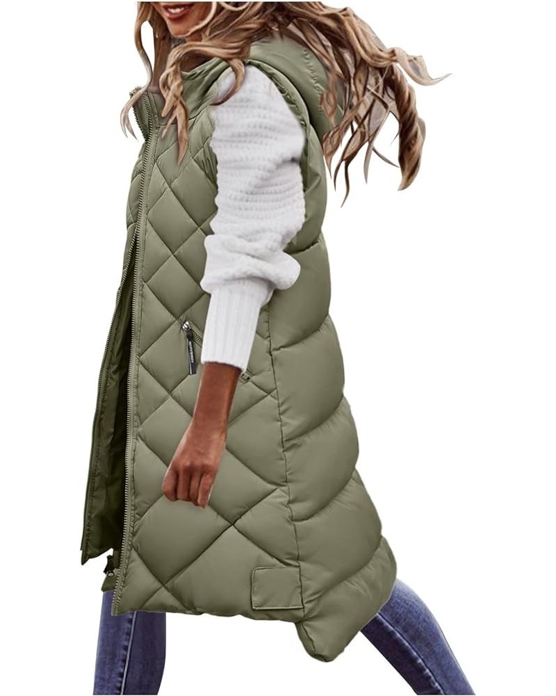 Fall Winter Casual Long Full Zip Cotton Vest for Women Sleeveless Hooded Puffer Vest Outwear Plus Size Vest Coat A8-army Gree...