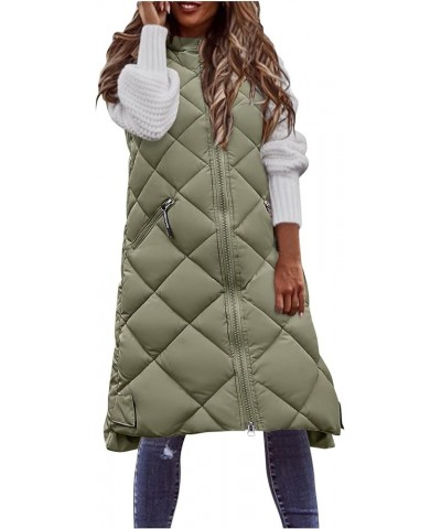 Fall Winter Casual Long Full Zip Cotton Vest for Women Sleeveless Hooded Puffer Vest Outwear Plus Size Vest Coat A8-army Gree...