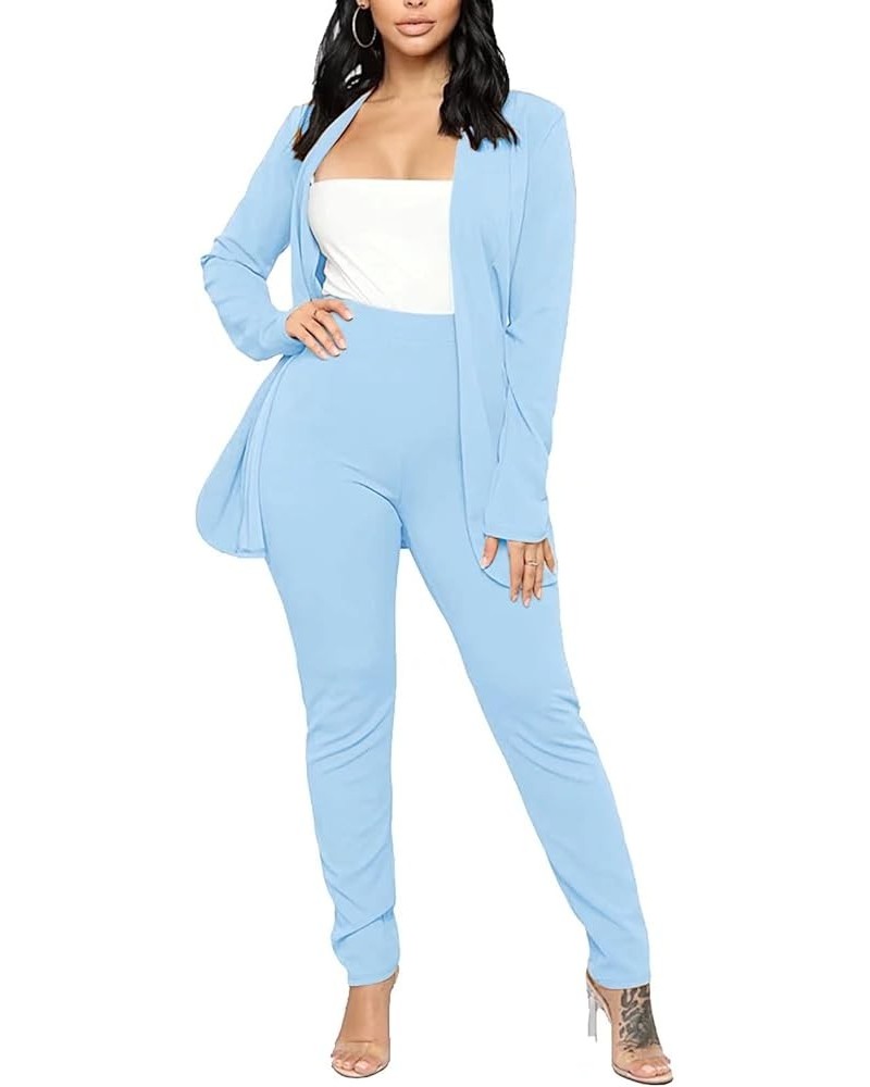 Women's 2 Piece Outfit Casual Solid Open Front Blazer and Pencil Pant Suits Set A Sky Blue $20.21 Others