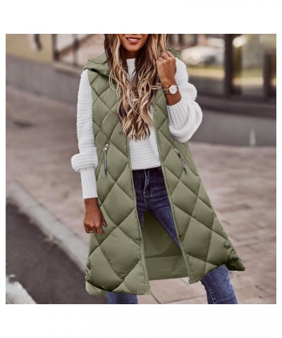 Fall Winter Casual Long Full Zip Cotton Vest for Women Sleeveless Hooded Puffer Vest Outwear Plus Size Vest Coat A8-army Gree...