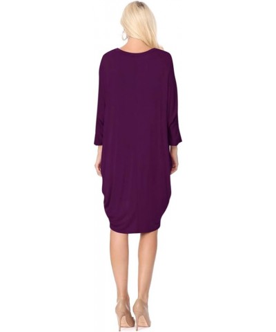 Women's Plus Size Round Neck Draped Side 3/4 Dolman Sleeves Dress Made in USA Mdr00733 Purple $14.97 Dresses