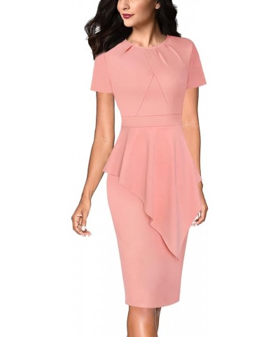 Womens Pleated Peplum Crew Neck Work Office Business Bodycon Pencil Dress Peach Pink Asymmetrical Peplum $28.79 Dresses