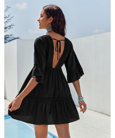 Women's Swimsuit Cover Ups Dress V Neck Casual Tunic Bathing Suit Beach Mini Dress S-3XL Black $16.31 Swimsuits