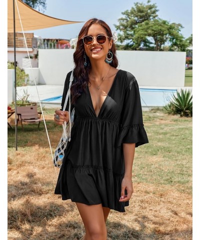 Women's Swimsuit Cover Ups Dress V Neck Casual Tunic Bathing Suit Beach Mini Dress S-3XL Black $16.31 Swimsuits