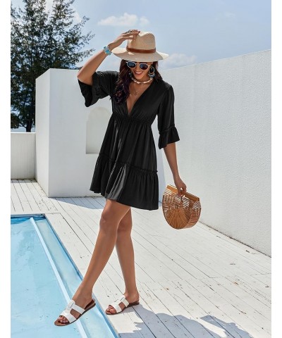 Women's Swimsuit Cover Ups Dress V Neck Casual Tunic Bathing Suit Beach Mini Dress S-3XL Black $16.31 Swimsuits