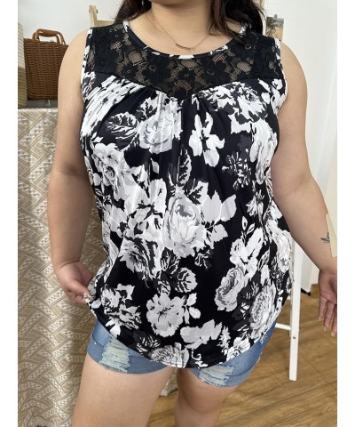 Plus Size Tank Tops for Women V/Round Neck Summer Sleeveless Basic Pleated Shirt Keyhole Tank XL-5XL E-951 Black Floral $10.7...