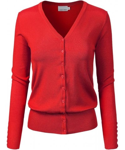 Women's Classic Button Down Long Sleeve V-Neck Soft Knit Sweater Cardigan Red $10.50 Sweaters