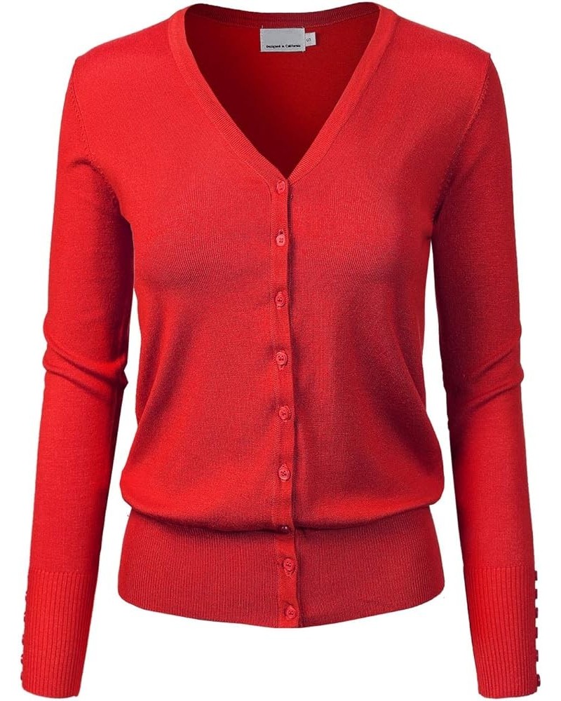 Women's Classic Button Down Long Sleeve V-Neck Soft Knit Sweater Cardigan Red $10.50 Sweaters