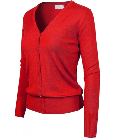 Women's Classic Button Down Long Sleeve V-Neck Soft Knit Sweater Cardigan Red $10.50 Sweaters