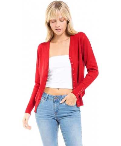 Women's Classic Button Down Long Sleeve V-Neck Soft Knit Sweater Cardigan Red $10.50 Sweaters