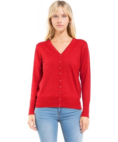 Women's Classic Button Down Long Sleeve V-Neck Soft Knit Sweater Cardigan Red $10.50 Sweaters