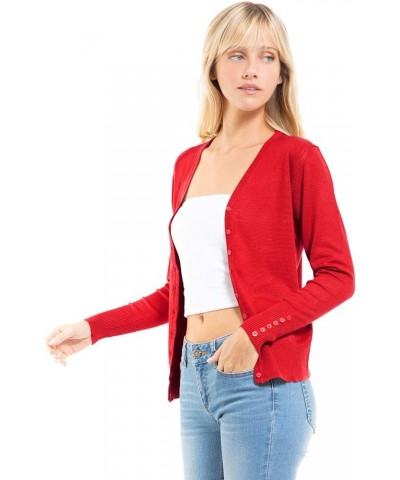 Women's Classic Button Down Long Sleeve V-Neck Soft Knit Sweater Cardigan Red $10.50 Sweaters