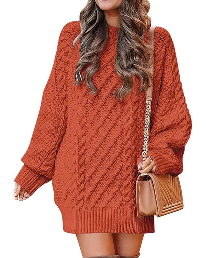 Women 2023 Fall Crewneck Long Sleeve Oversized Cable Knit Chunky Pullover Short Sweater Dresses Rust $23.65 Sweaters