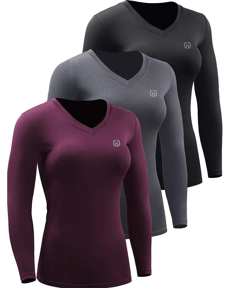 Women's 3 Pack Compression Shirts Long Sleeve Yoga Athletic Running T Shirt V-neck: Black/Grey/Red,3 Pack $13.11 Activewear