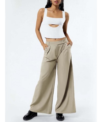 Women's Pleated Dress Pants High Waisted Wide Leg Work Office Casual Trousers with Pockets Khaiki $24.35 Pants