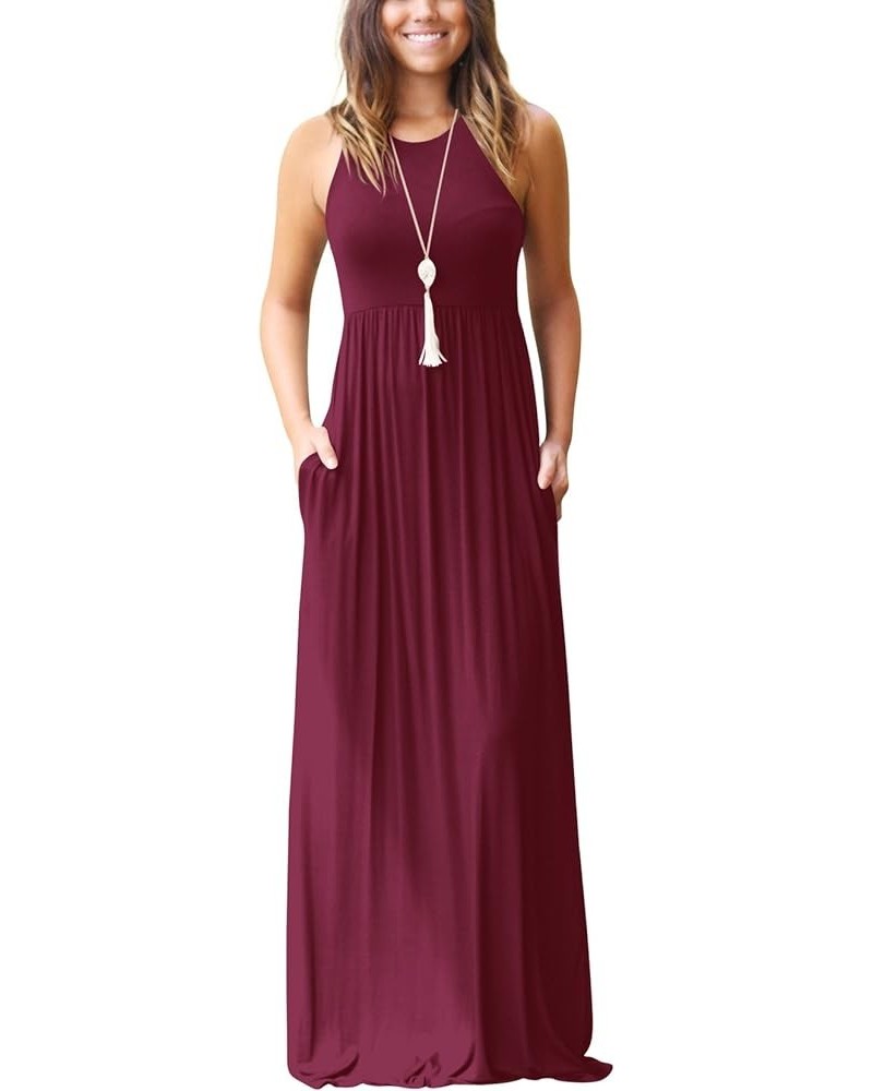 Women's Sleeveless Racerback Loose Plain Maxi Dresses Casual Long Dresses with Pockets Wine Red $19.24 Dresses