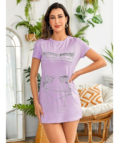 Women's Funny Lingerie Nightgown Cute Print Tshirt Sleepdress Lilac Purple $8.99 Sleep & Lounge