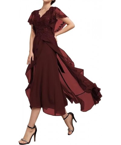 Tea Length Mother of The Bride Dresses for Wedding Ruffle Sleeves Formal Dresss Lace Wedding Dress Burgundy $36.00 Dresses