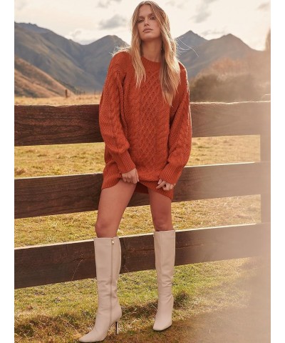 Women 2023 Fall Crewneck Long Sleeve Oversized Cable Knit Chunky Pullover Short Sweater Dresses Rust $23.65 Sweaters