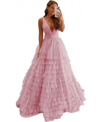 Tiered Tulle Prom Dresses for Women Long V Neck Ball Gown Ruffle Layered Formal Evening Dress Dusty Rose $35.52 Dresses