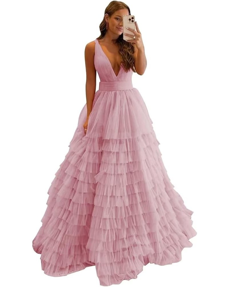 Tiered Tulle Prom Dresses for Women Long V Neck Ball Gown Ruffle Layered Formal Evening Dress Dusty Rose $35.52 Dresses