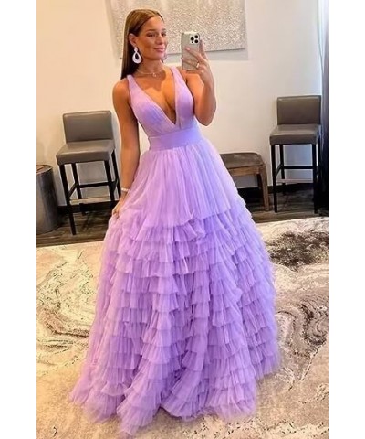 Tiered Tulle Prom Dresses for Women Long V Neck Ball Gown Ruffle Layered Formal Evening Dress Dusty Rose $35.52 Dresses