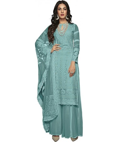 Indian Salwar Kameez Suit Ready To Wear Traditional Faux Georgette Plazzo Dress For Women Sky Blue $31.20 Dresses