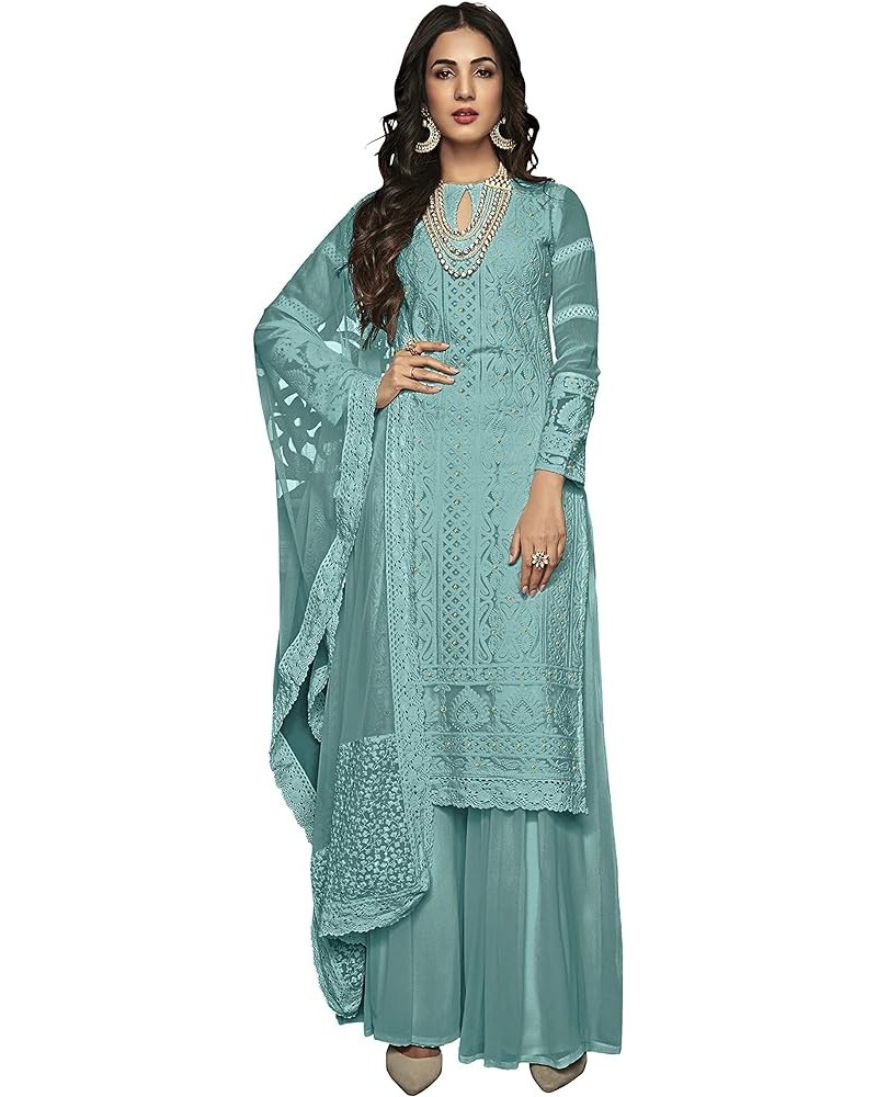 Indian Salwar Kameez Suit Ready To Wear Traditional Faux Georgette Plazzo Dress For Women Sky Blue $31.20 Dresses