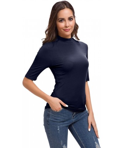 Women Sleeveless/Short Sleeve Mock Turtleneck Basic Slim Fit Tunic Tank Tops. 39937 Dark Blue $13.92 Underwear