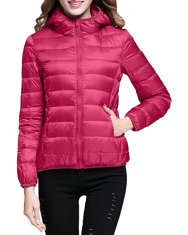 Women's Hooded Jacket Packable Ultra Light Weight Short Down Jacket Full-Zip Quilted Winter Coat Warm Puffer Jacket Hot Pink ...