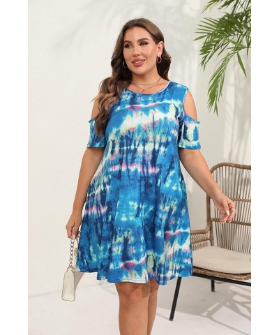 Women Plus Size Dresses Cold Shoulder Short Sleeve Casual Loose T-Shirt Swing Dress with Pockets Blue Tiedye $15.40 Dresses