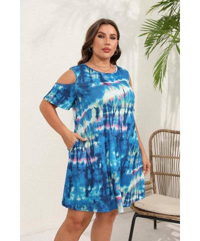 Women Plus Size Dresses Cold Shoulder Short Sleeve Casual Loose T-Shirt Swing Dress with Pockets Blue Tiedye $15.40 Dresses