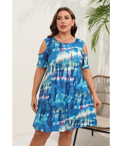 Women Plus Size Dresses Cold Shoulder Short Sleeve Casual Loose T-Shirt Swing Dress with Pockets Blue Tiedye $15.40 Dresses