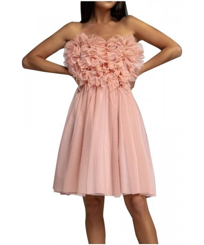 Women's Mini Princess Dress Off Shoulder Bow Waist Ruffled Fluffy Mesh A-line Party Short Dresses A1-pink $12.00 Activewear