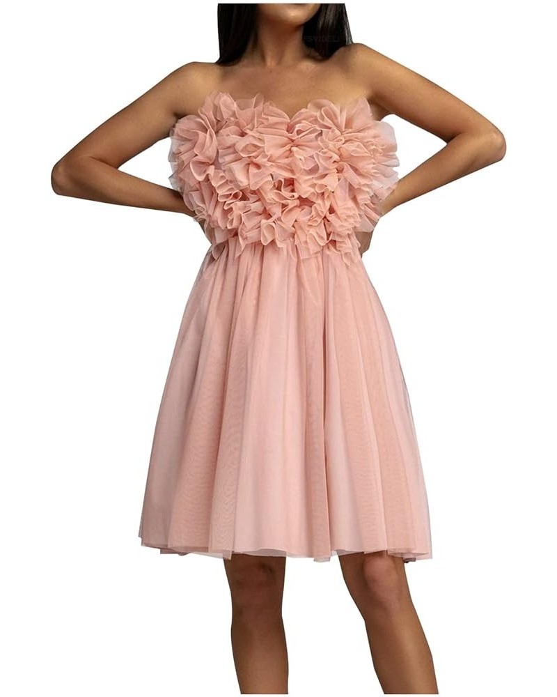 Women's Mini Princess Dress Off Shoulder Bow Waist Ruffled Fluffy Mesh A-line Party Short Dresses A1-pink $12.00 Activewear